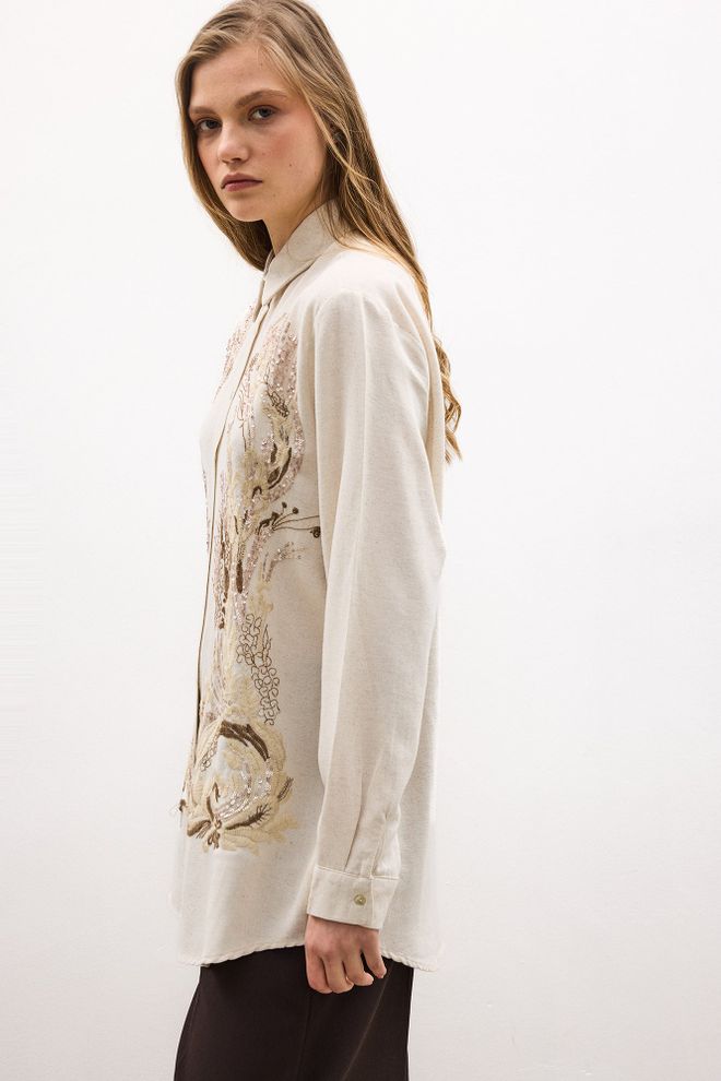 Touche Prive Beige Casual Oversized Floral Shirt Wholesale Clothing 1