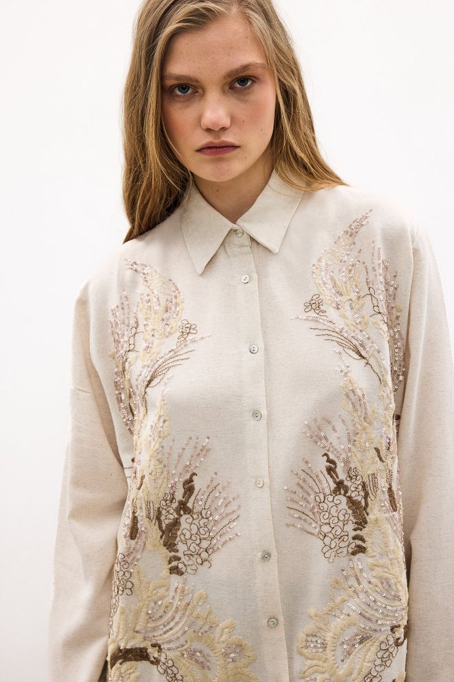 Touche Prive Beige Casual Oversized Floral Shirt Wholesale Clothing Spring