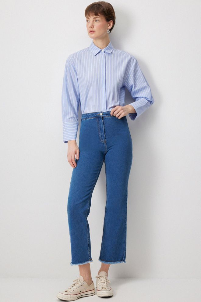 Touche Prive Mavi Mom Pantolon Yüksek Bel Kısa Düğmeli Toptan Giyim Gündelik