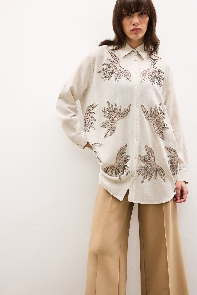 Touche Prive Beige Oversized Polo Neck Long Sleeve Shirt Wholesale Clothing 1