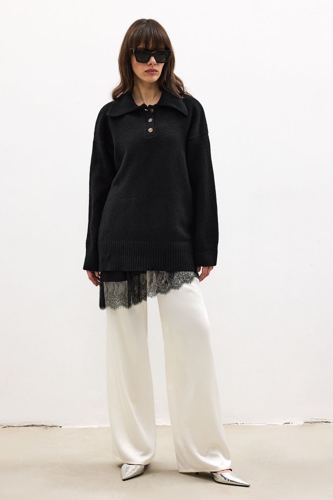 Touche Prive Maglione Nero Lungo Con Collo Polo Abbigliamento all'ingrosso Casuale