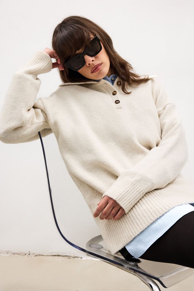 Touche Prive Maglione Beige Oversize Con Collo A Polo Abbigliamento all'ingrosso Casuale