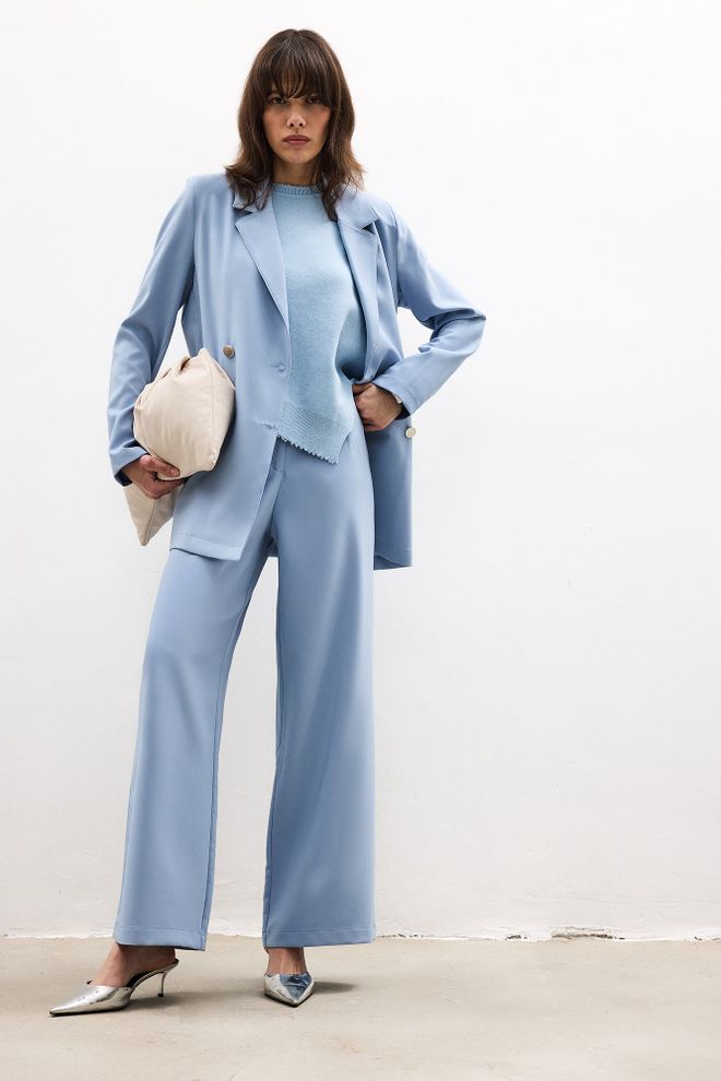 Touche Prive Mavi Palazzo Pantolon Yüksek Bel Ve Geniş Paça Toptan Giyim Gündelik