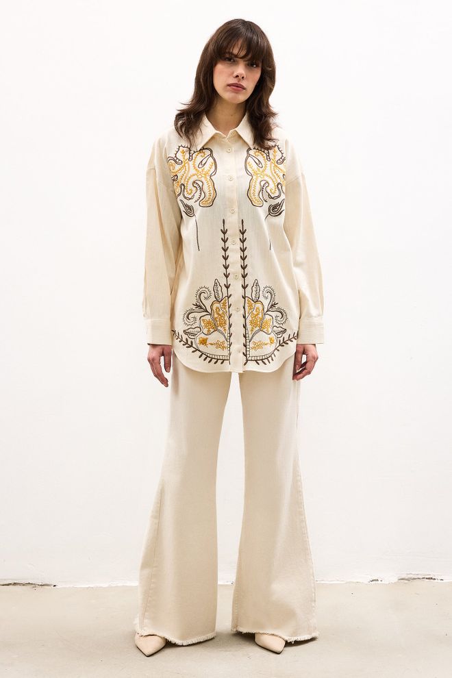 Touche Prive Beige Ethnisch Elegant Lange Geknoopte Shirt Groothandel Kleding Bescheiden