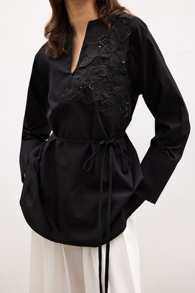 Touche Prive Elegant Black Floral Tie Tunic For Formal Occasions Wholesale Clothing Spring