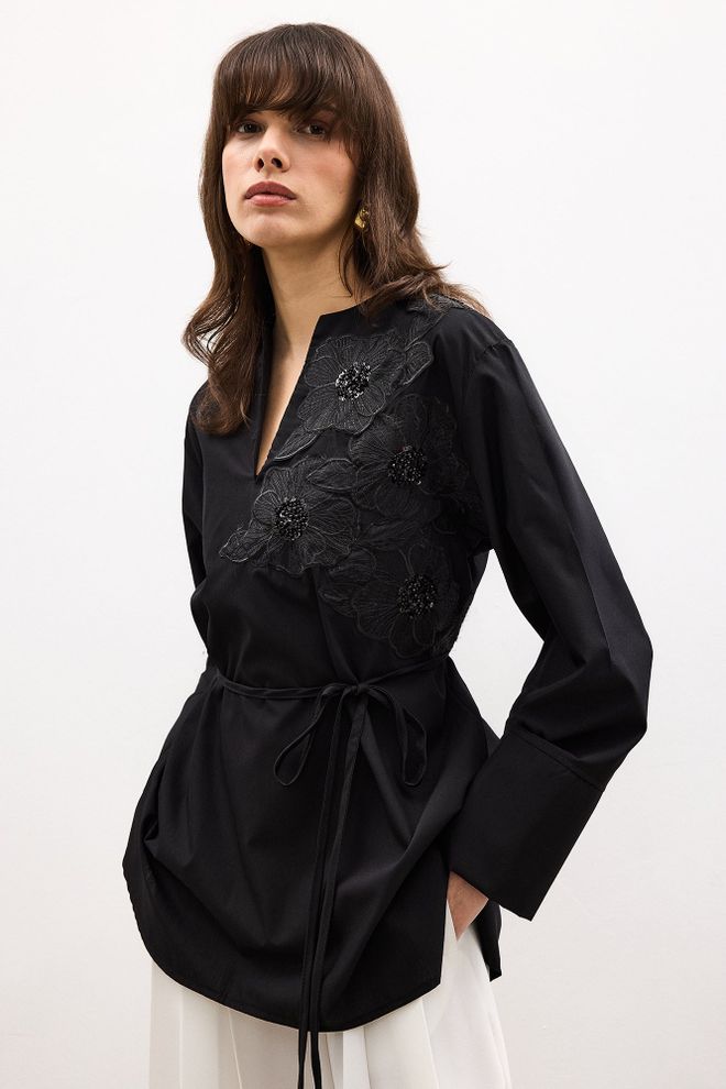 Touche Prive Elegant Black Floral Tie Tunic For Formal Occasions Wholesale Clothing Work