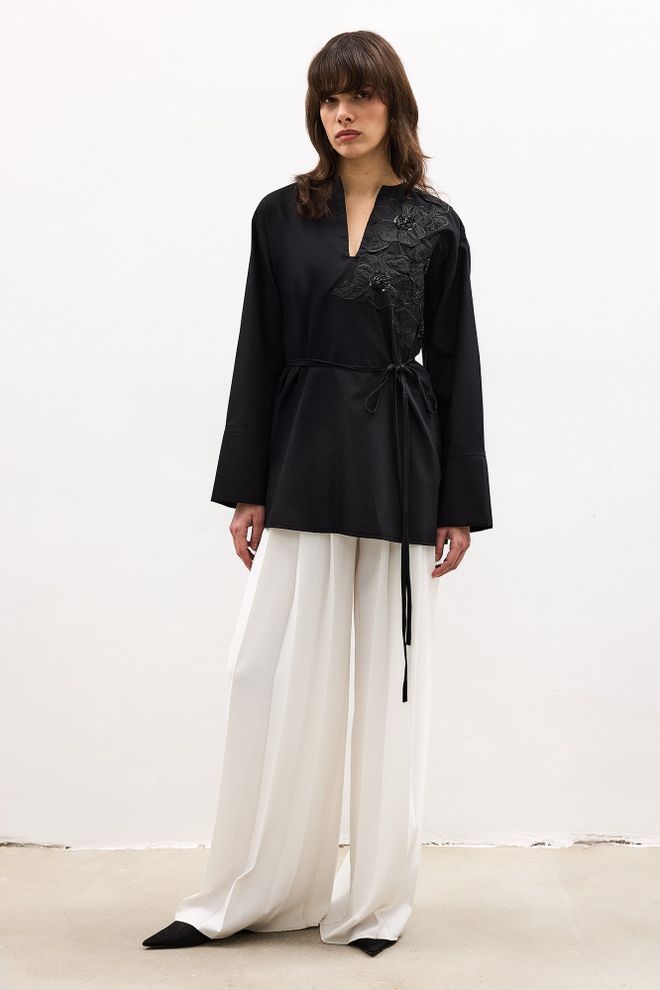 Touche Prive Elegant Black Floral Tie Tunic For Formal Occasions Wholesale Clothing 1