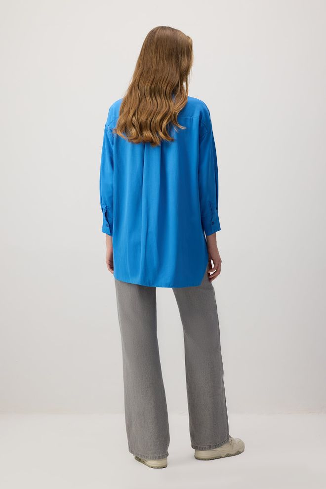 Touche Prive Blauw Oversized Casual Shirt Met Polohals En Rechte 3/4 Mouwen Groothandel Kleding Casual