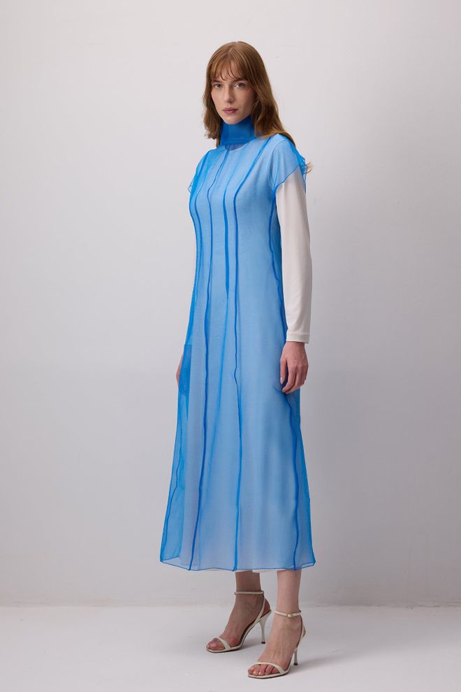 Touche Prive Elegantes Blaues Etuikleid Mit Langen Ärmeln Großhandelskleidung Modest