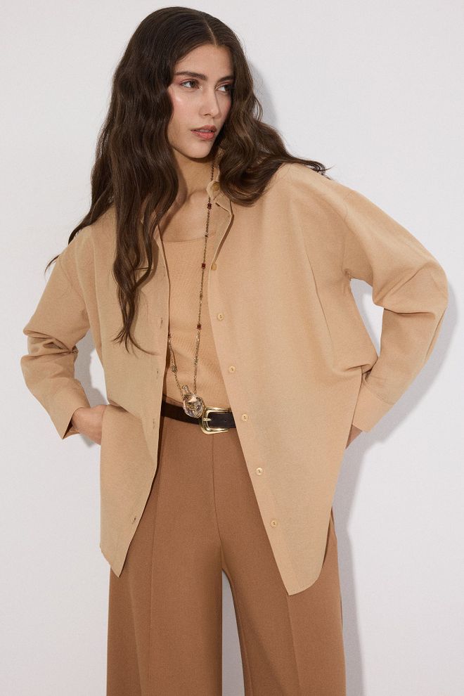 Touche Prive Beige Oversized Fit Polo Neck Shirt Wholesale Clothing Casual