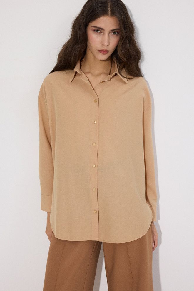 Touche Prive Beige Oversized Fit Polo Neck Shirt Wholesale Clothing 1