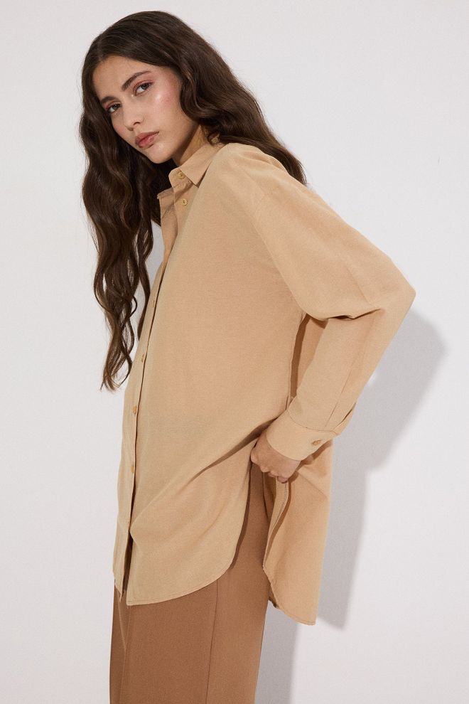 Touche Prive Beige Oversized Fit Polo Neck Shirt Wholesale Clothing Formal