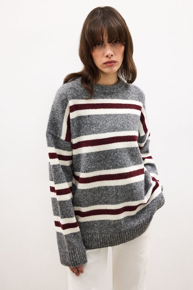 Touche Prive Grey Striped Oversized Fit Sweater Wholesale Clothing Lounge