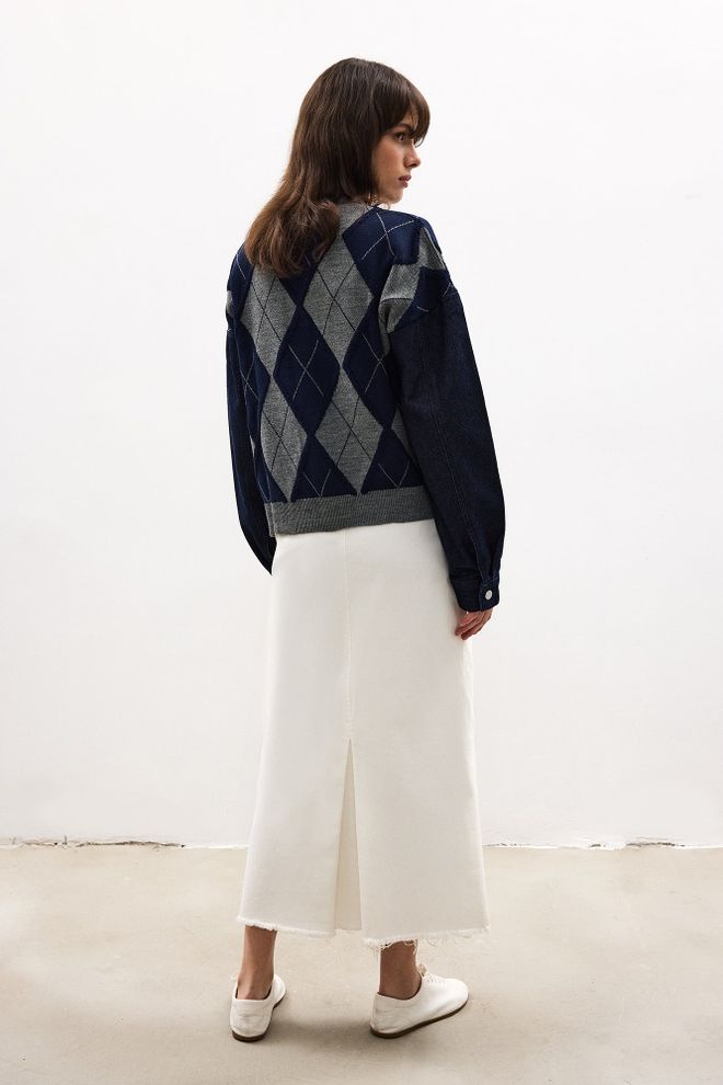 Touche Prive Navy Blue Cardigan Elegant Retro Argyle V Neck Wholesale Clothing Spring