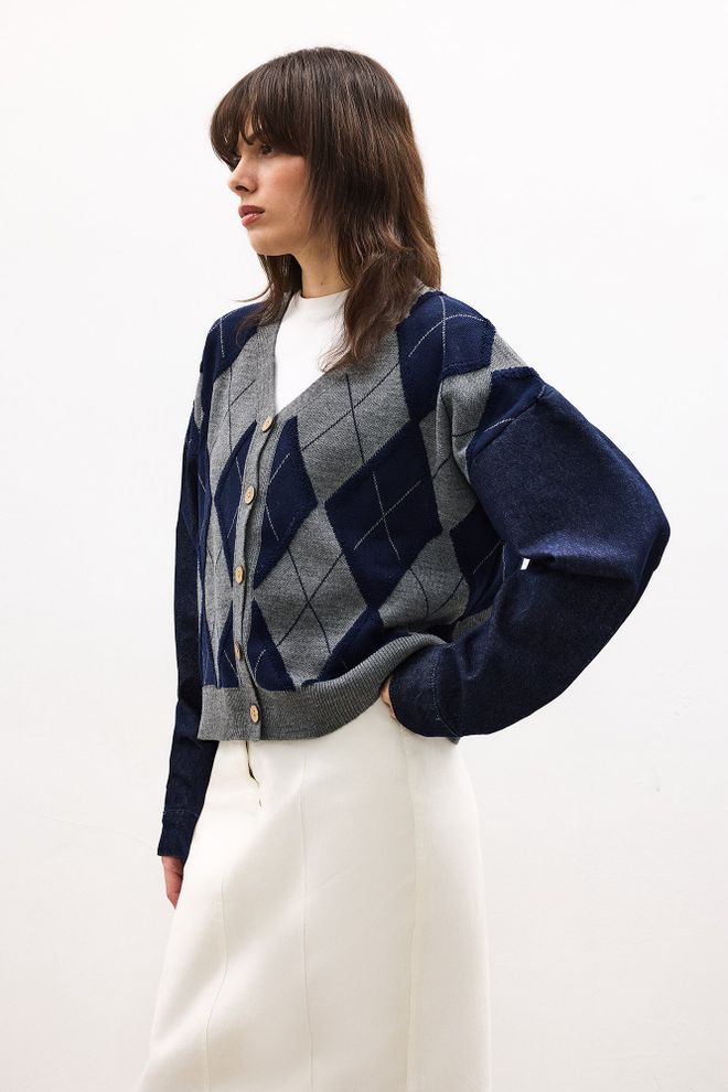 Touche Prive Navy Blue Cardigan Elegant Retro Argyle V Neck Wholesale Clothing Casual