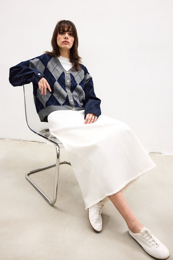 Touche Prive Navy Blue Cardigan Elegant Retro Argyle V Neck Wholesale Clothing Lounge