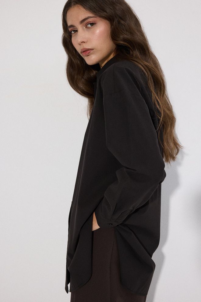 Touche Prive Elegant Black Oversized Fit Polo Neck Shirt Wholesale Clothing 1