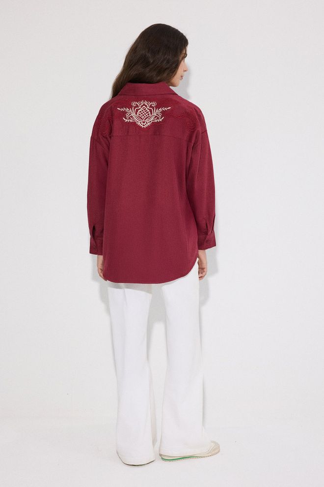 Touche Prive Claret Red Oversized Floral Buttoned Shirt Wholesale Clothing Spring