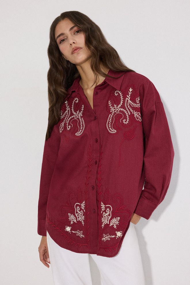 Touche Prive Claret Red Oversized Floral Buttoned Shirt Wholesale Clothing 1