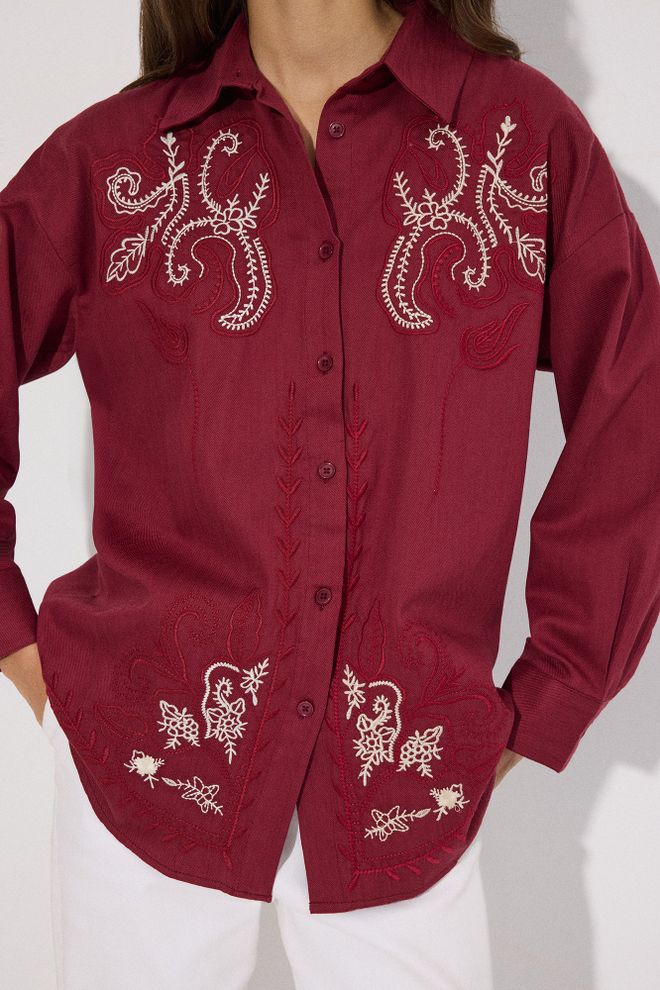 Touche Prive Claret Red Oversized Floral Buttoned Shirt Wholesale Clothing Boho