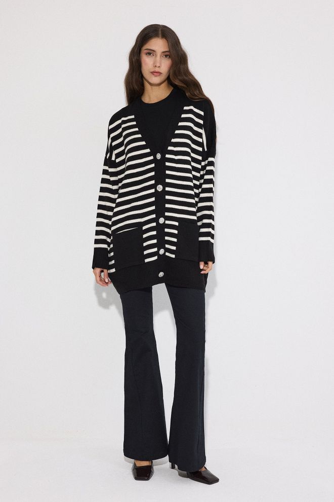 Touche Prive Черный Кардиган Оверсайз В Полоску С Накладным Карманом Оптовая продажа одежды Повседневный