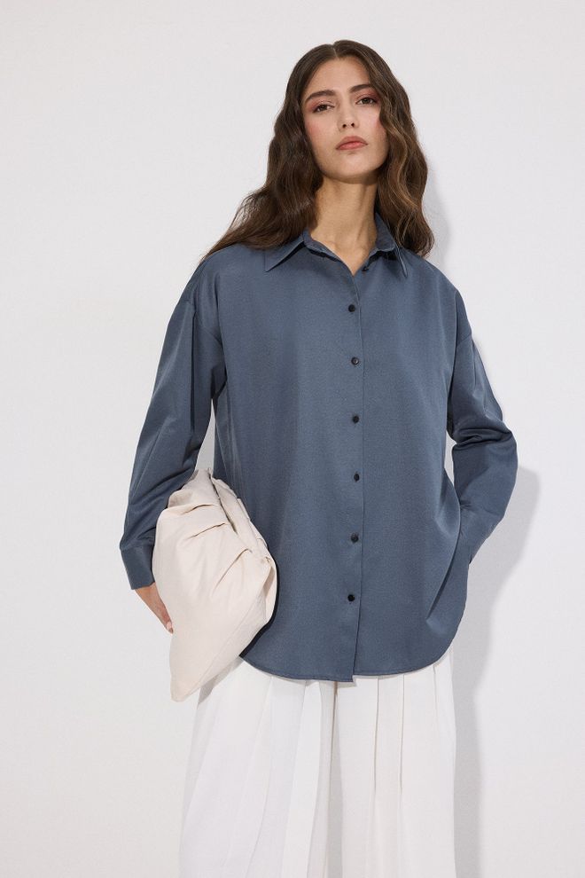 Touche Prive Blue Oversized Polo Neck Buttoned Shirt Wholesale Clothing Formal