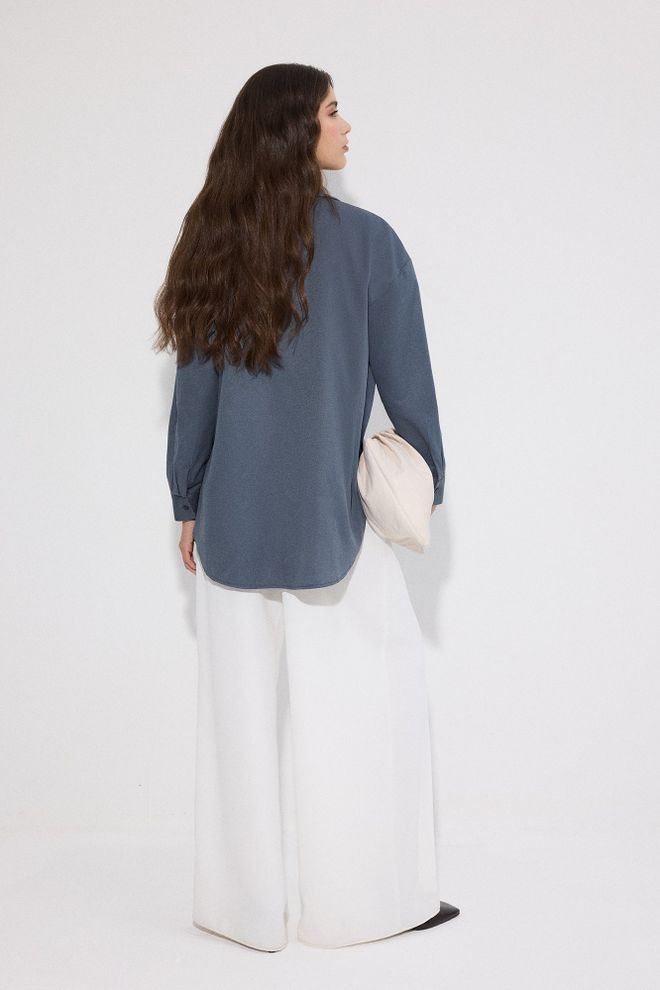 Touche Prive Blue Oversized Polo Neck Buttoned Shirt Wholesale Clothing Spring