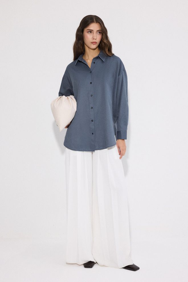 Touche Prive Blue Oversized Polo Neck Buttoned Shirt Wholesale Clothing Work