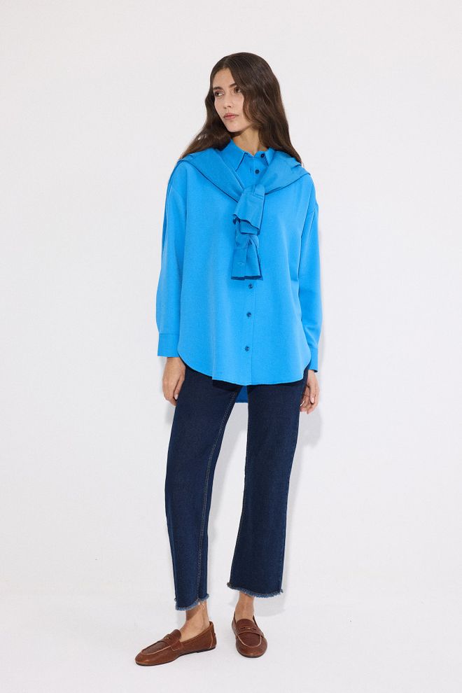 Touche Prive Blauw Casual Preppy Elegant Lang Shirt Met Polo Hals Groothandel Kleding Casual