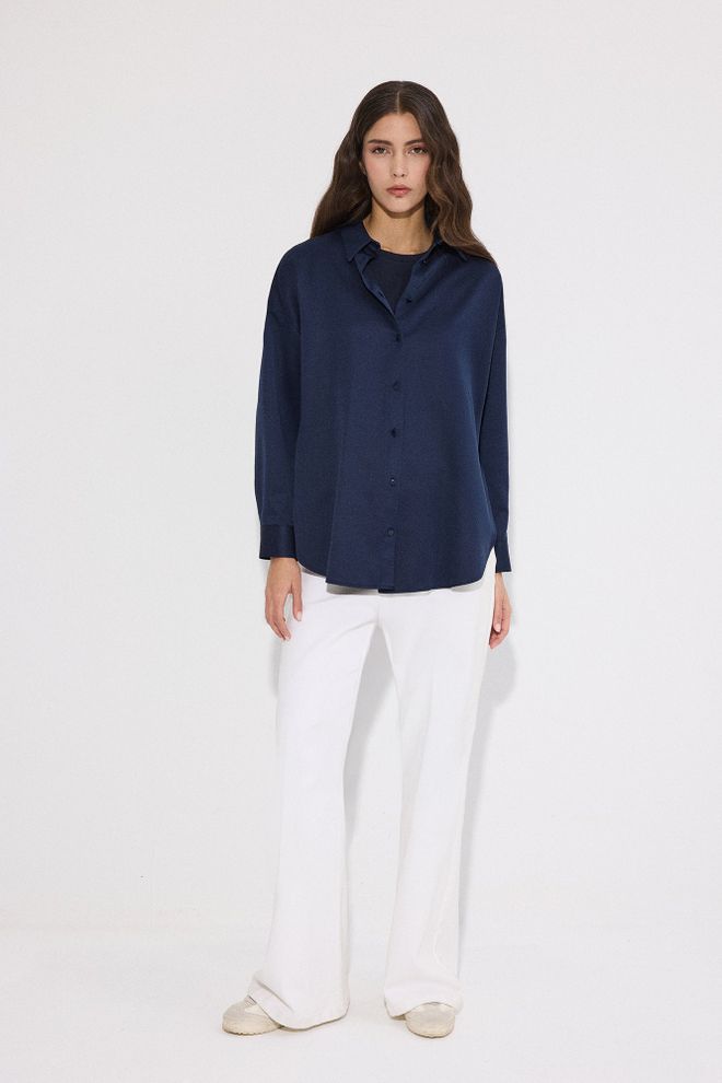 Touche Prive Navy Blue Shirt With Notched Neck And Buttoned Closure Wholesale Clothing Formal