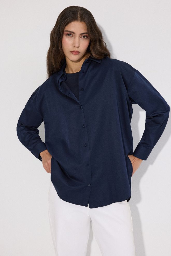 Touche Prive Navy Blue Shirt With Notched Neck And Buttoned Closure Wholesale Clothing Casual