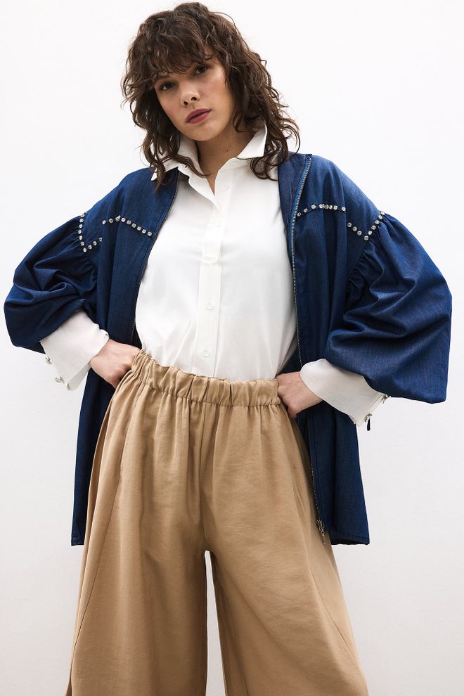 Touche Prive Blue Overshirt Jacket With Zip Up & Puff Sleeves Wholesale Clothing Lounge