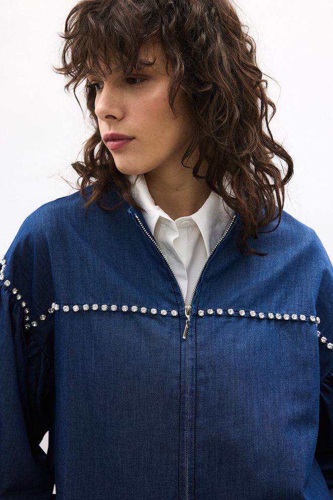 Touche Prive Blue Overshirt Jacket With Zip Up & Puff Sleeves Wholesale Clothing 5