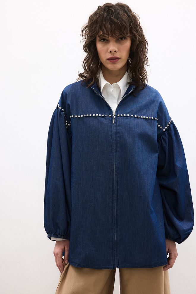 Touche Prive Blue Overshirt Jacket With Zip Up & Puff Sleeves Wholesale Clothing Spring