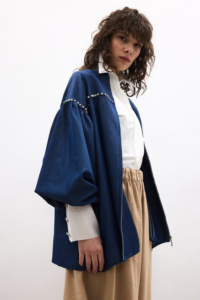 Touche Prive Blue Overshirt Jacket With Zip Up & Puff Sleeves Wholesale Clothing 1