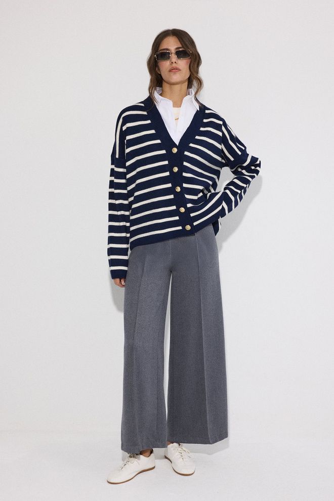 Touche Prive Темно синий Полосатый Оверсайз Кардиган На Пуговицах Оптовая продажа одежды Повседневный