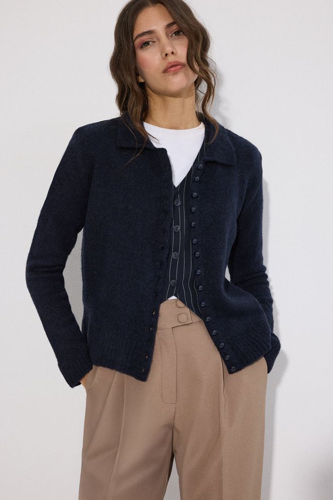 Touche Prive Navy Blue Cardigan Casual Elegant Buttoned Polo Neck Wholesale Clothing Lounge