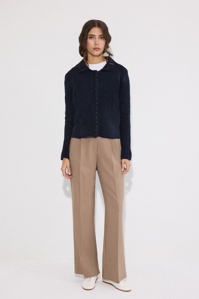 Touche Prive Navy Blue Cardigan Casual Elegant Buttoned Polo Neck Wholesale Clothing Spring