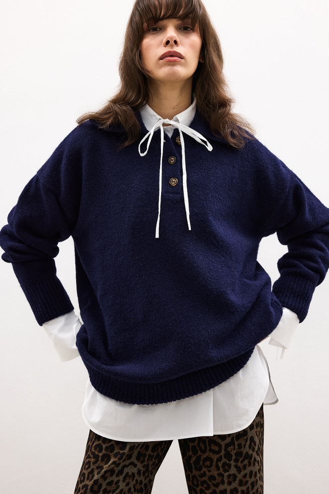 Touche Prive Pull Over Bleu Marine Col Polo Et Imprimé Léopard Vêtements en gros Décontracté