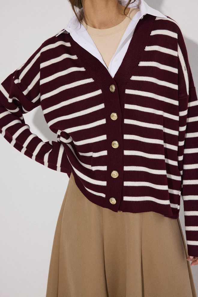 Touche Prive Claret Red Casual Oversized Buttoned Cardigan Wholesale Clothing Spring