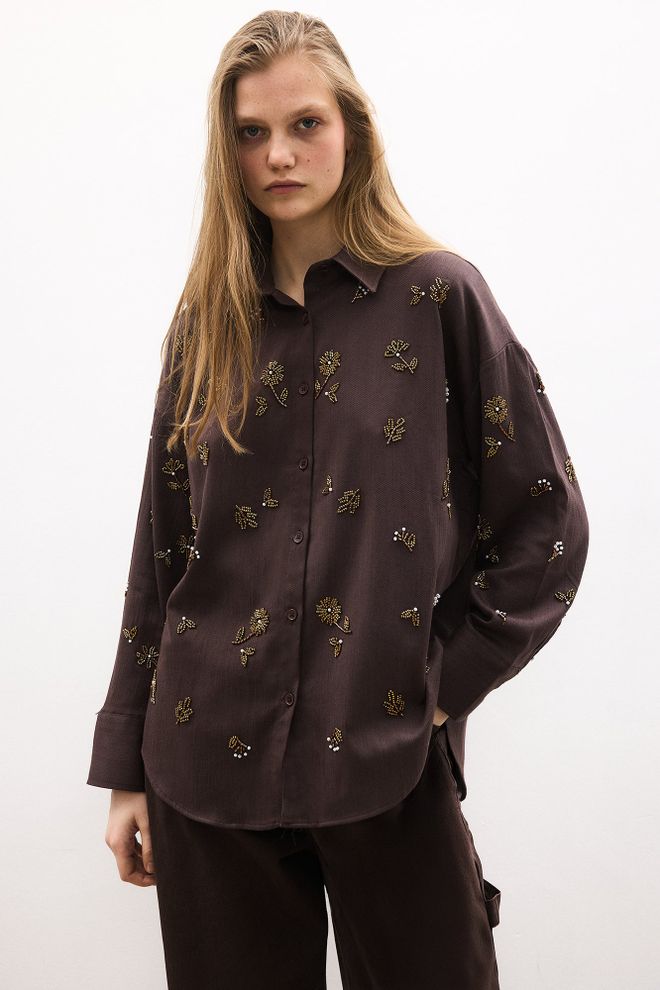 Touche Prive Braunes Florales Oversized Hemd Mit Knöpfen Großhandelskleidung Modest
