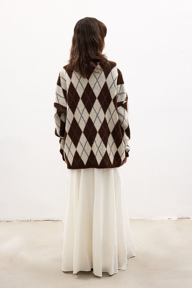 Touche Prive Brown Argyle Oversized Fit Sweater Wholesale Clothing Fall