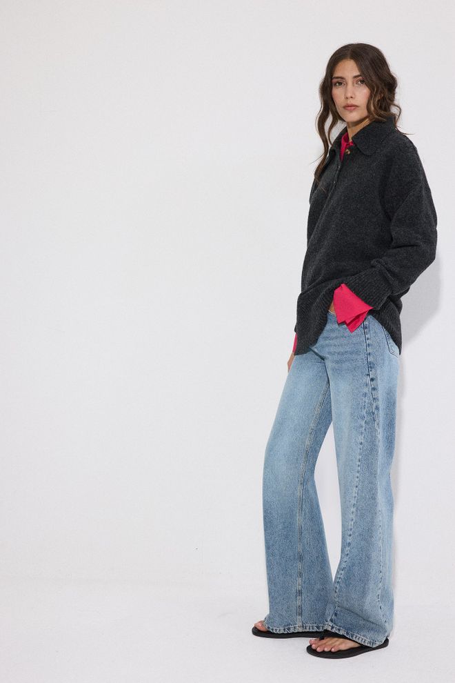 Touche Prive Pull Over Noir Grande Taille Avec Col Polo Vêtements en gros Décontracté