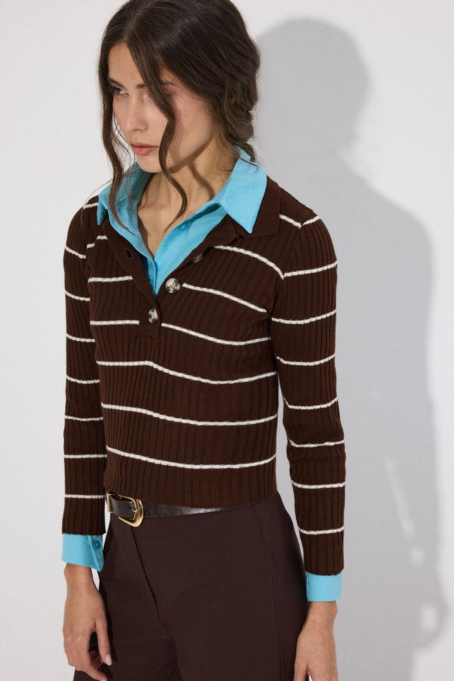 Touche Prive Brown Preppy Slim Fit Striped Sweater Wholesale Clothing Lounge