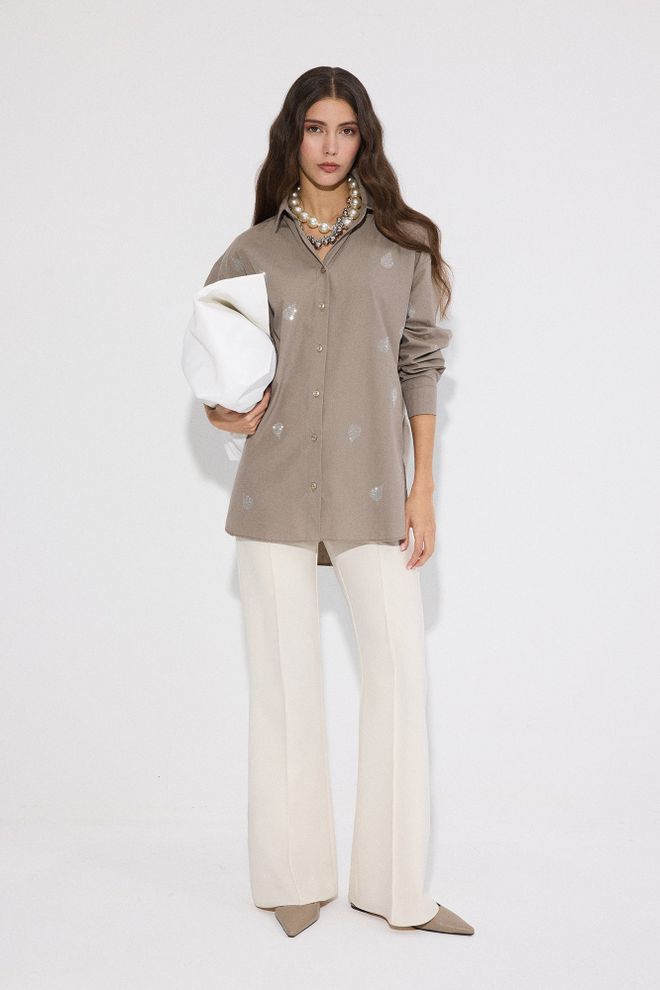 Touche Prive Elegant Beige Shirt With Notched Neck And Buttoned Closure Wholesale Clothing 1