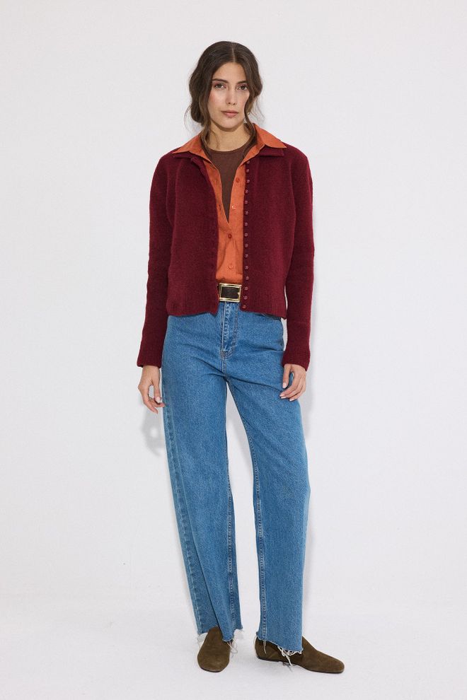 Touche Prive Claret Red Cardigan With Notched Neck And Buttoned Closure Wholesale Clothing Spring