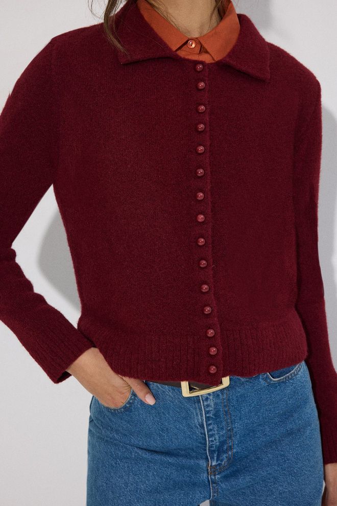 Touche Prive Claret Red Cardigan With Notched Neck And Buttoned Closure Wholesale Clothing 5
