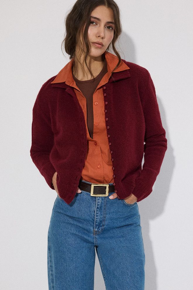 Touche Prive Claret Red Cardigan With Notched Neck And Buttoned Closure Wholesale Clothing 1