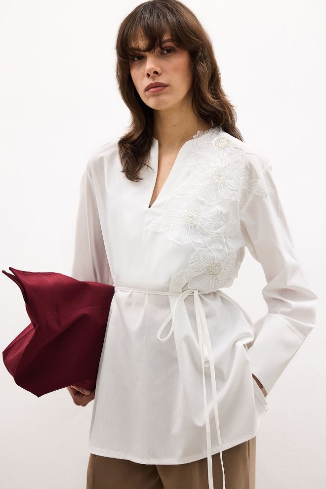 Touche Prive White Elegant Tie Closure V Neck Tunic Wholesale Clothing 5