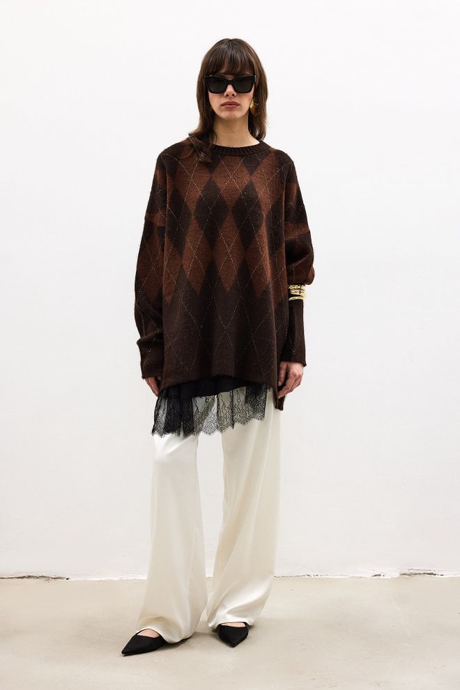 Touche Prive Brown Argyle Oversized Fit Sweater Wholesale Clothing 1